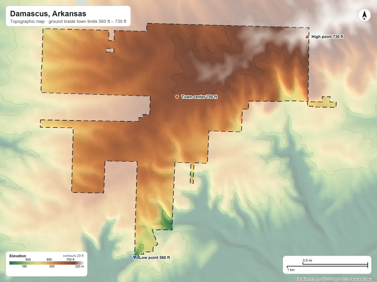 Topographic elevation map of Damascus, Arkansas, shaded from 560 ft on the south side to 730 ft on the northeast side