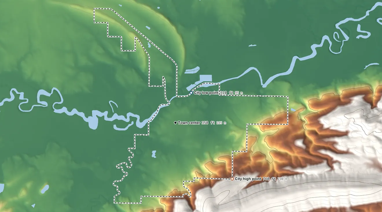 Topographic elevation map of Danville, Arkansas, shaded from 310 ft on the northeast side to 760 ft on the southeast edge, below higher ground just outside