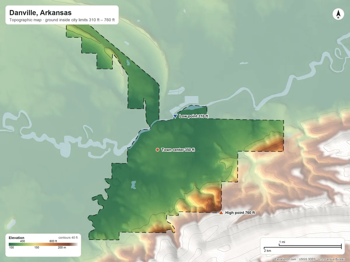 Topographic elevation map of Danville, Arkansas, shaded from 310 ft on the northeast side to 760 ft on the southeast edge, below higher ground just outside