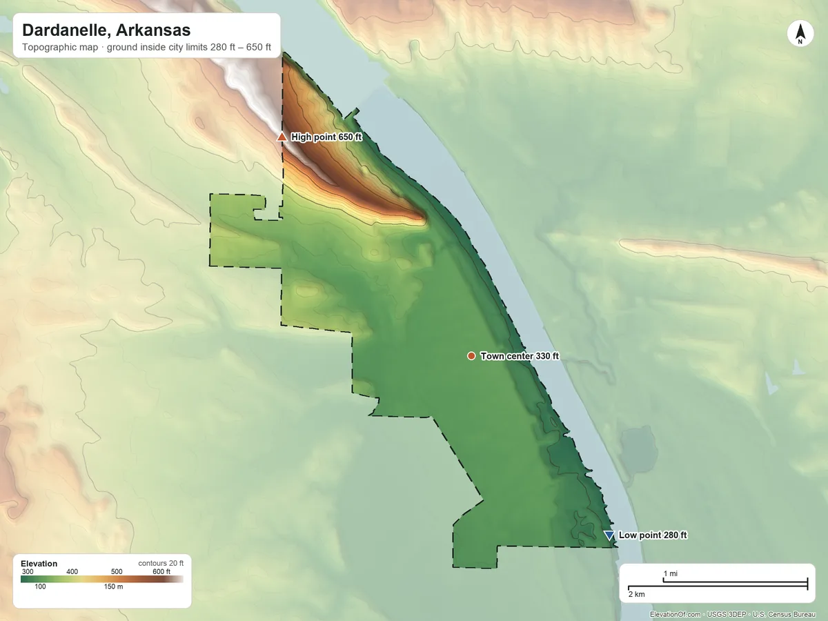 Topographic elevation map of Dardanelle, Arkansas, shaded from 280 ft on the southeast side to 650 ft on the northwest side