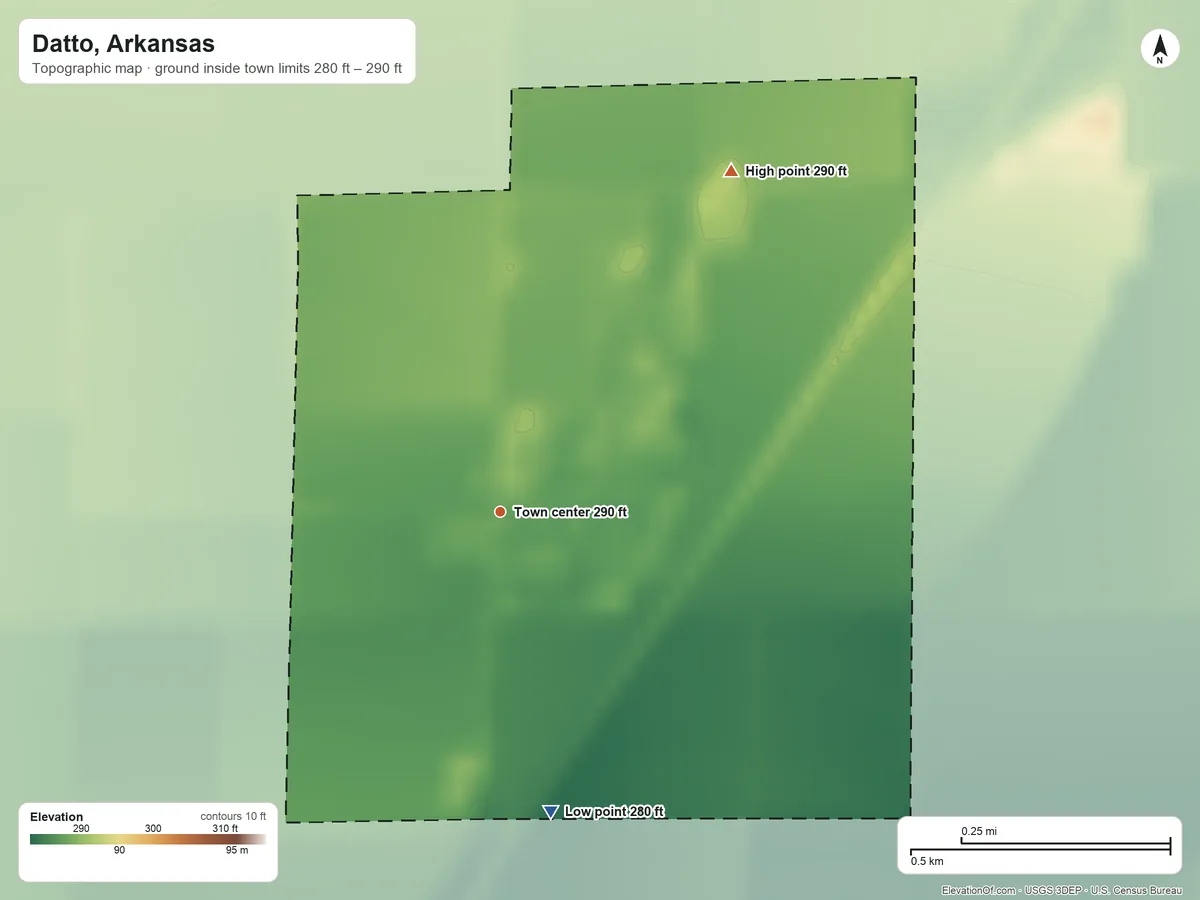 Topographic elevation map of Datto, Arkansas, shaded from 280 ft on the south side to 290 ft on the northeast side
