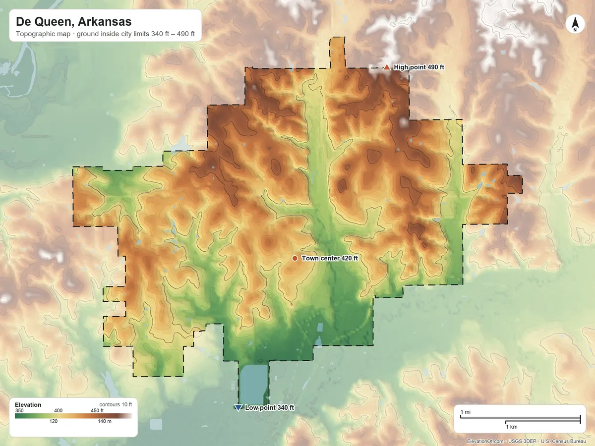 Topographic elevation map of De Queen, Arkansas, shaded from 340 ft on the south side to 490 ft on the northeast side