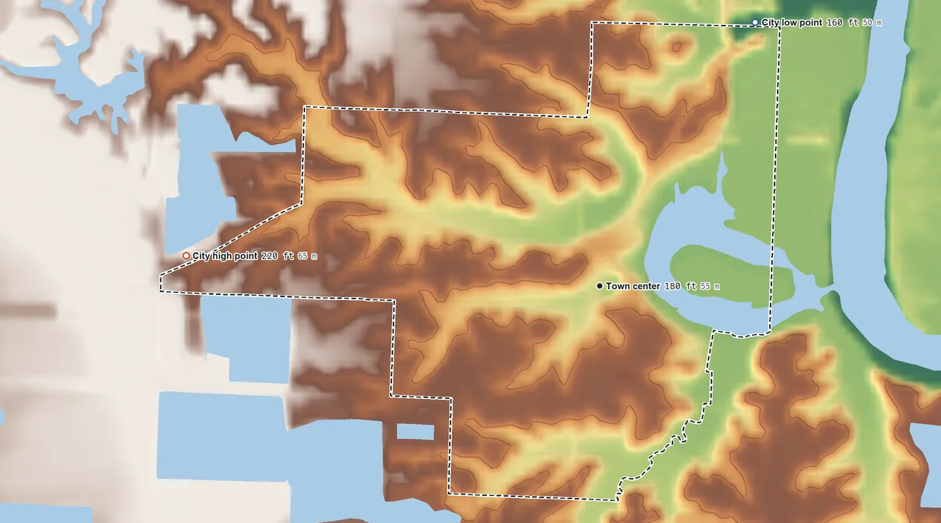 Topographic elevation map of De Valls Bluff, Arkansas, shaded from 160 ft on the northeast side to 220 ft on the west side