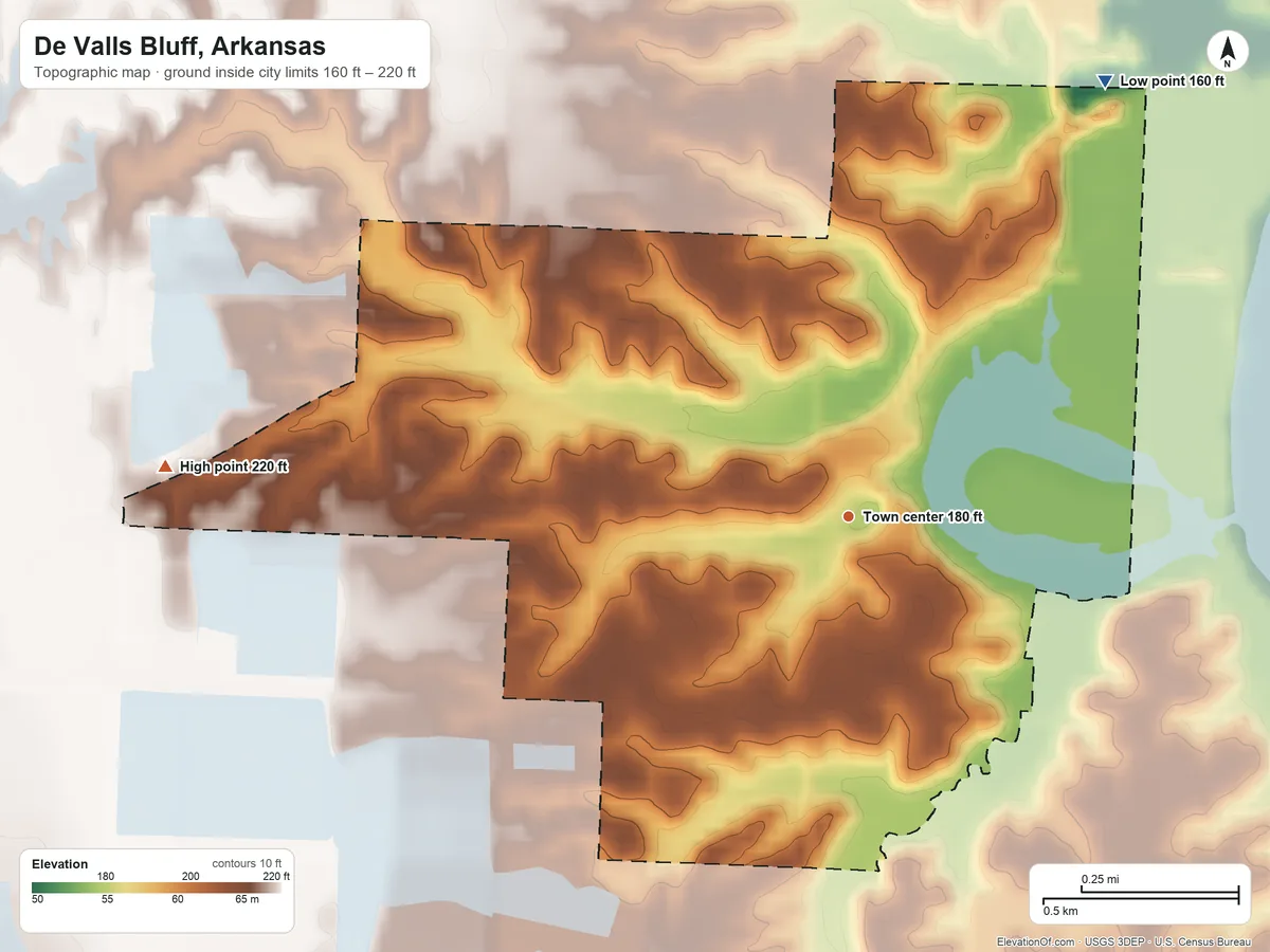 Topographic elevation map of De Valls Bluff, Arkansas, shaded from 160 ft on the northeast side to 220 ft on the west side