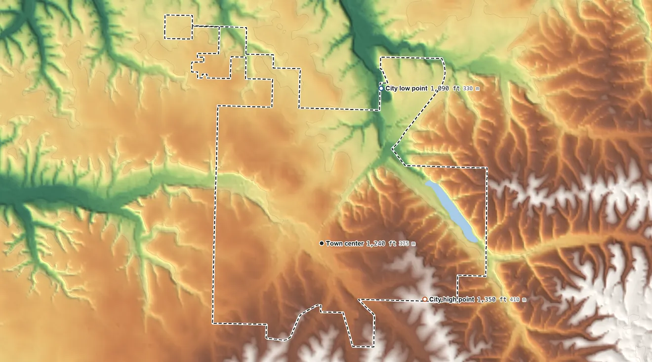 Topographic elevation map of Decatur, Arkansas, shaded from 1,090 ft on the north side to 1,350 ft on the southeast side