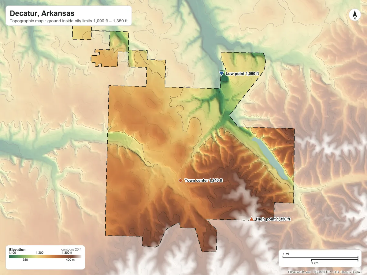 Topographic elevation map of Decatur, Arkansas, shaded from 1,090 ft on the north side to 1,350 ft on the southeast side