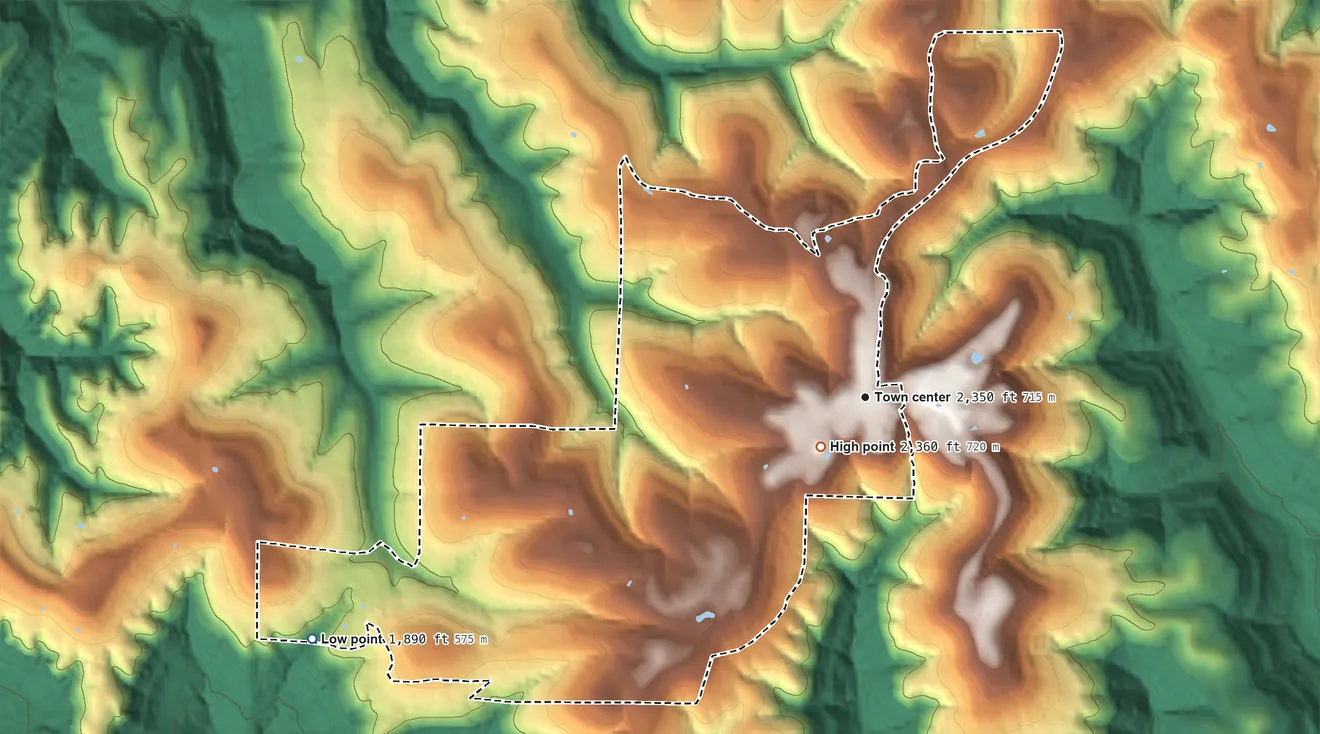Topographic elevation map of Deer, Arkansas, shaded from 1,890 ft on the southwest side to 2,360 ft near the middle