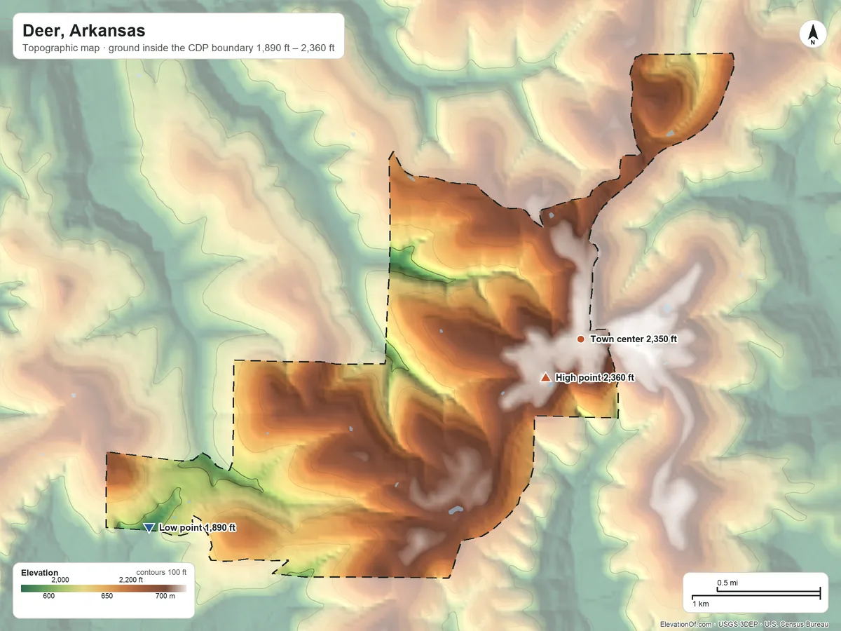 Topographic elevation map of Deer, Arkansas, shaded from 1,890 ft on the southwest side to 2,360 ft near the middle