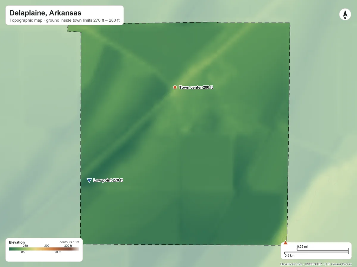 Topographic elevation map of Delaplaine, Arkansas, shaded from 270 ft on the southwest side to 280 ft on the southeast side