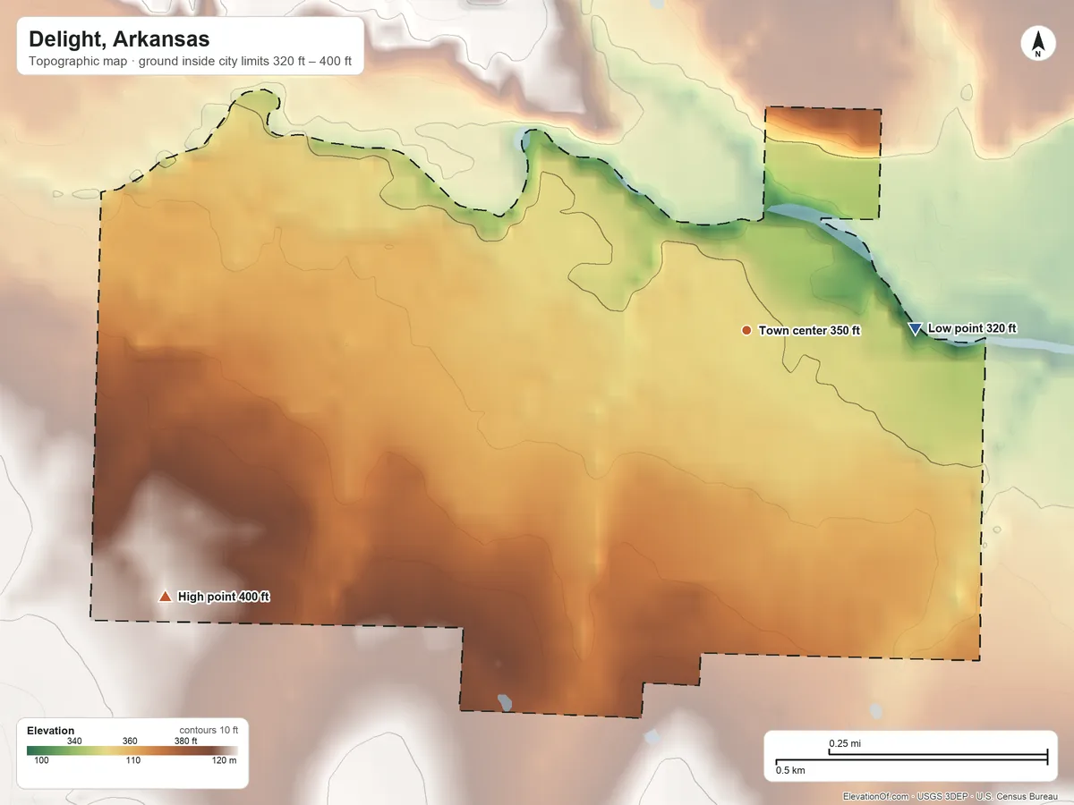 Topographic elevation map of Delight, Arkansas, shaded from 320 ft on the east side to 400 ft on the southwest side