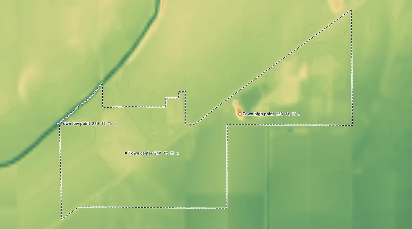 Topographic elevation map of Dell, Arkansas, shaded from 230 ft on the northwest side to 250 ft on the east side