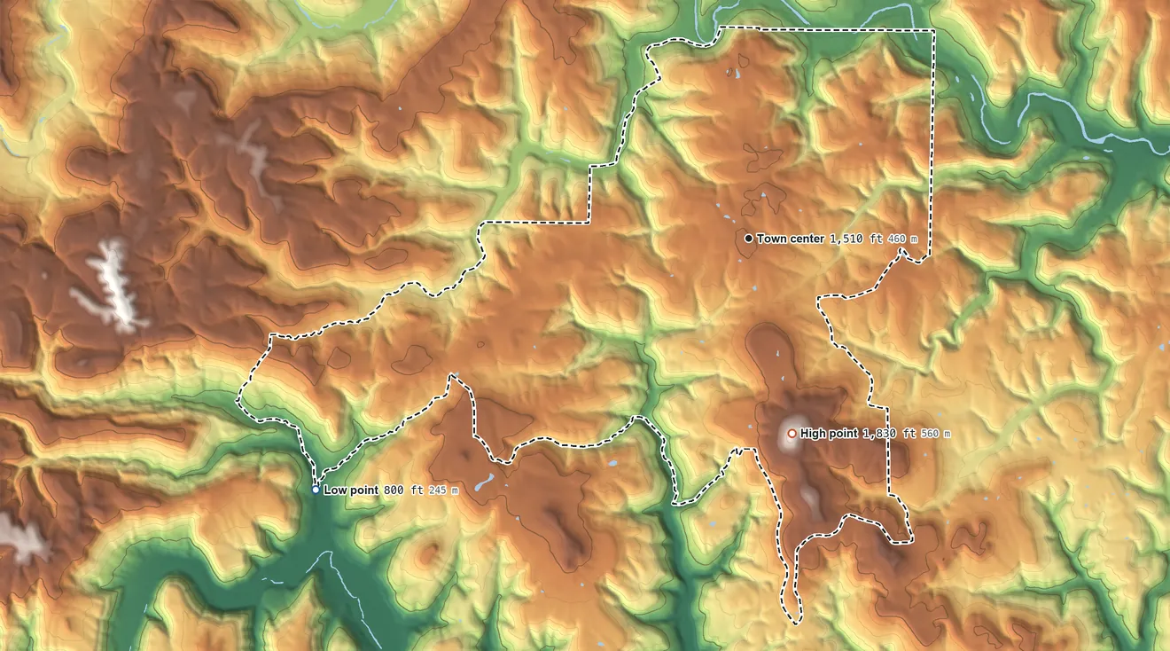 Topographic elevation map of Dennard, Arkansas, shaded from 800 ft on the southwest side to 1,830 ft on Red Hill