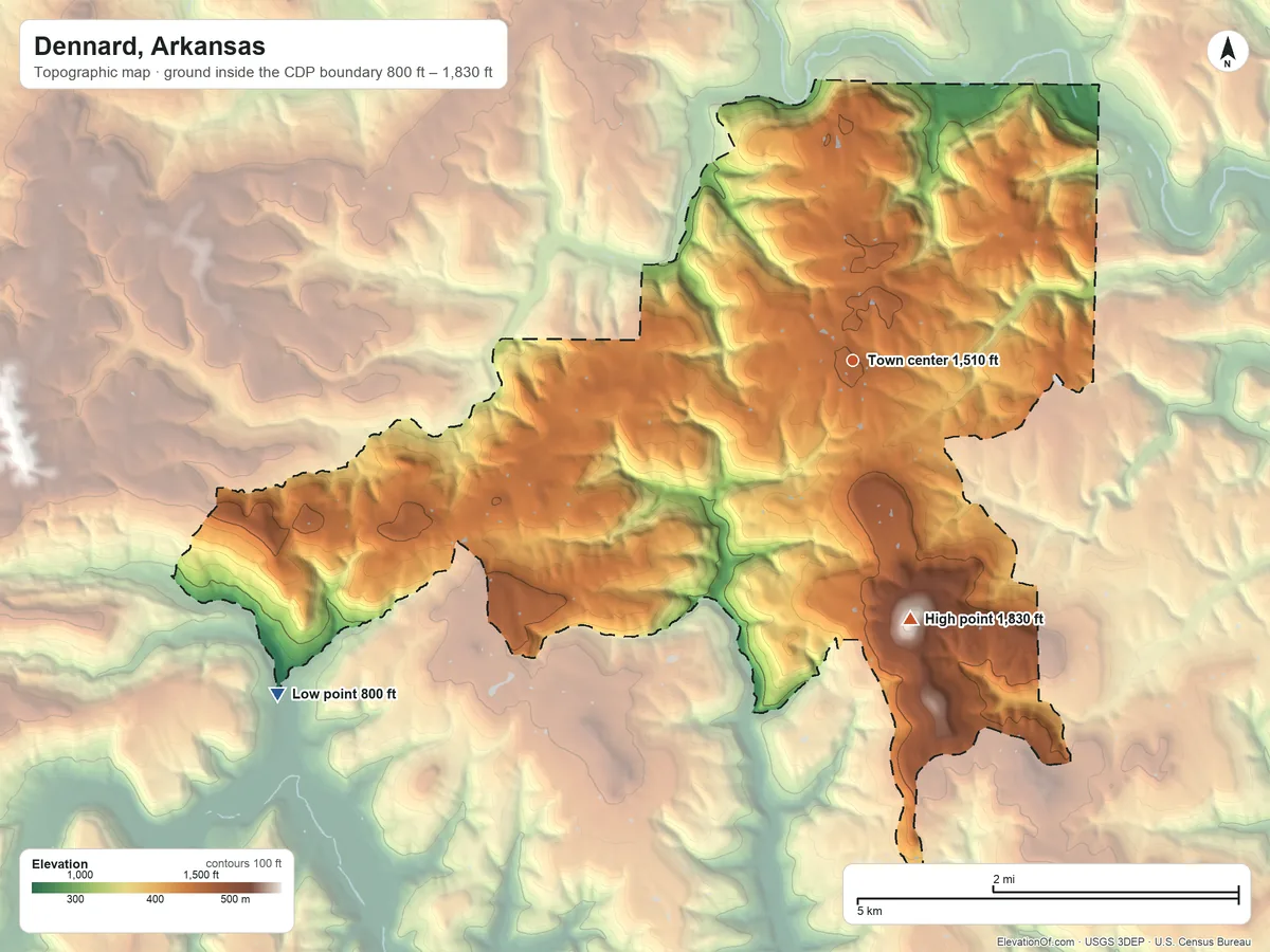 Topographic elevation map of Dennard, Arkansas, shaded from 800 ft on the southwest side to 1,830 ft on Red Hill