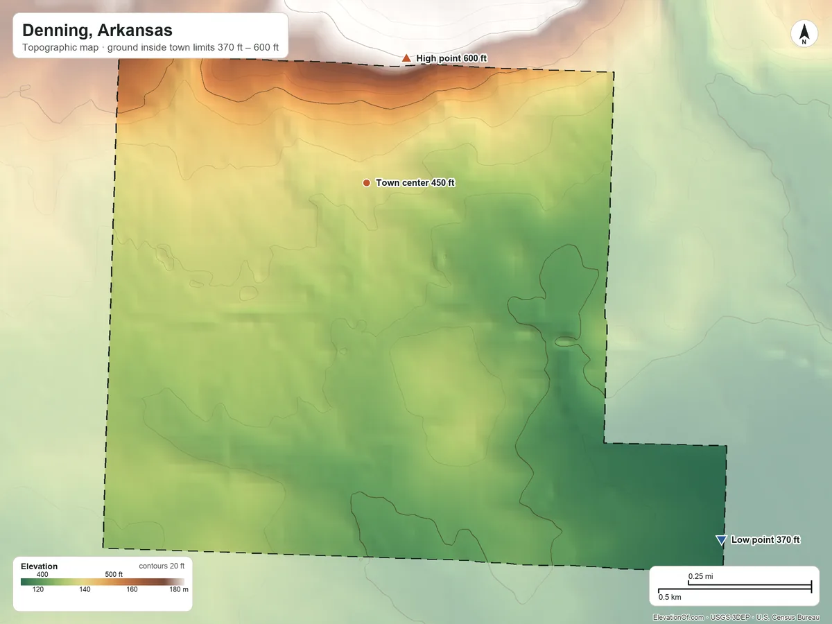 Topographic elevation map of Denning, Arkansas, shaded from 370 ft on the southeast side to 600 ft on the north side