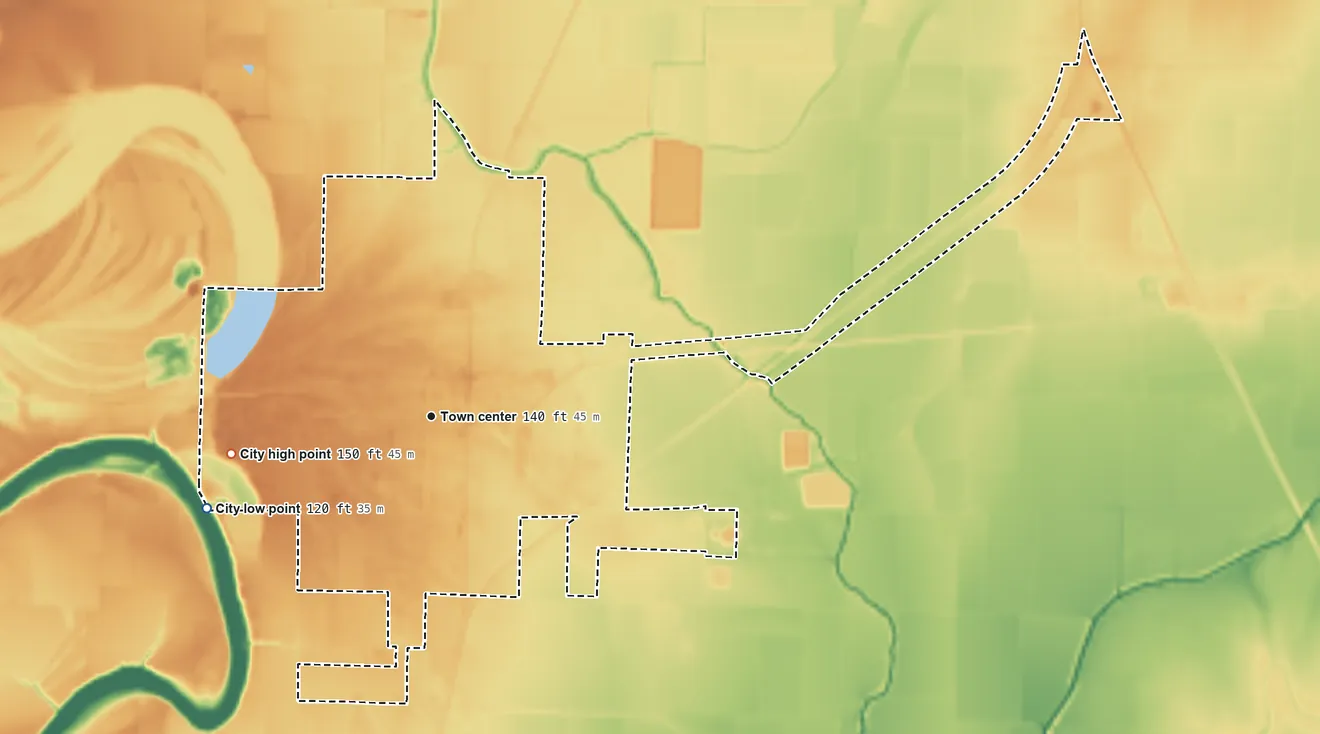 Topographic elevation map of Dermott, Arkansas, shaded from 120 ft on the west side to 150 ft on the west side