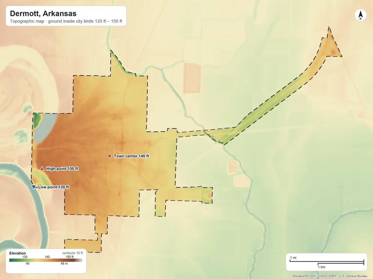 Topographic elevation map of Dermott, Arkansas, shaded from 120 ft on the west side to 150 ft on the west side