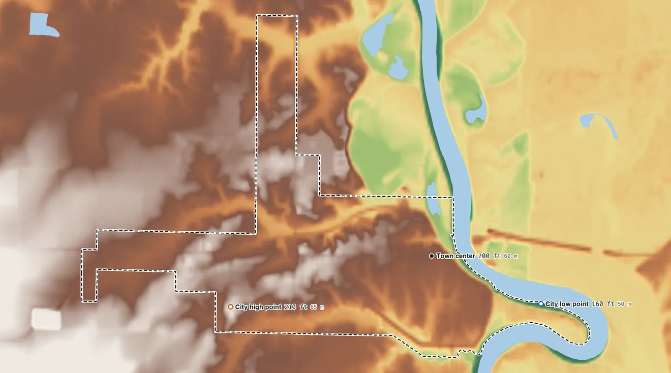 Topographic elevation map of Des Arc, Arkansas, shaded from 160 ft on the southeast side to 210 ft on the west side
