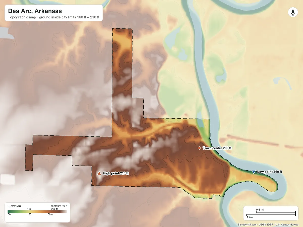 Topographic elevation map of Des Arc, Arkansas, shaded from 160 ft on the southeast side to 210 ft on the west side