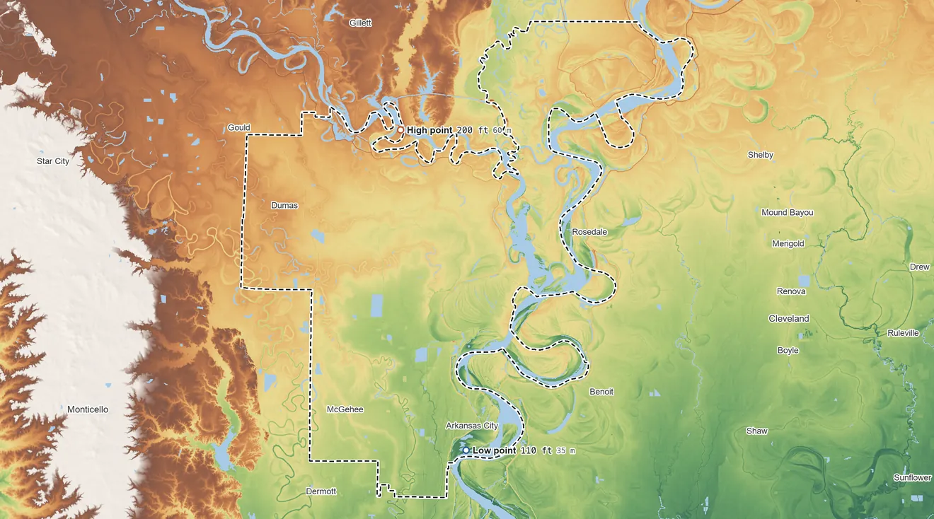 Topographic elevation map of Desha County, Arkansas, shaded from 110 ft on the south side to 200 ft on the northwest side