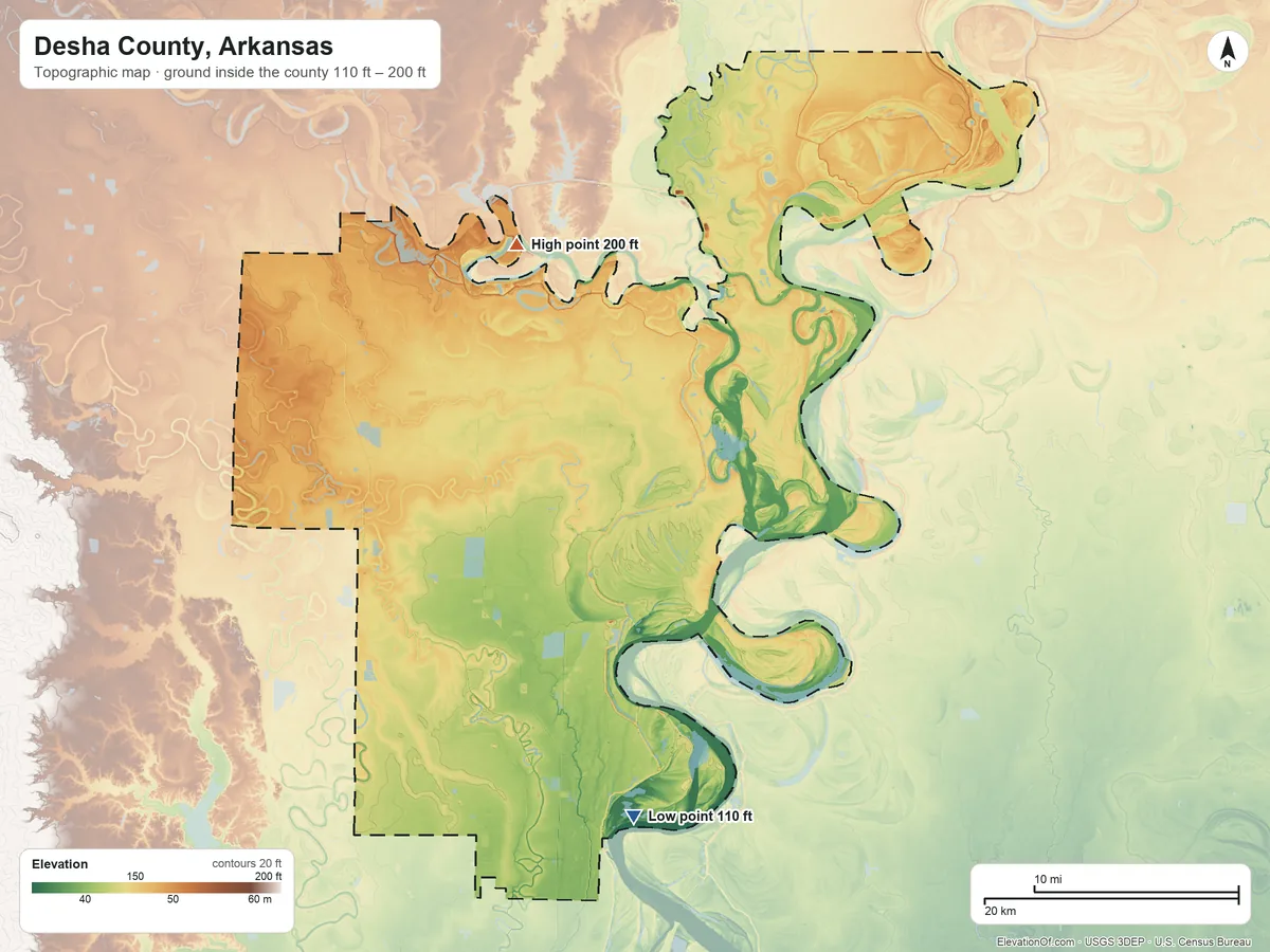 Topographic elevation map of Desha County, Arkansas, shaded from 110 ft on the south side to 200 ft on the northwest side