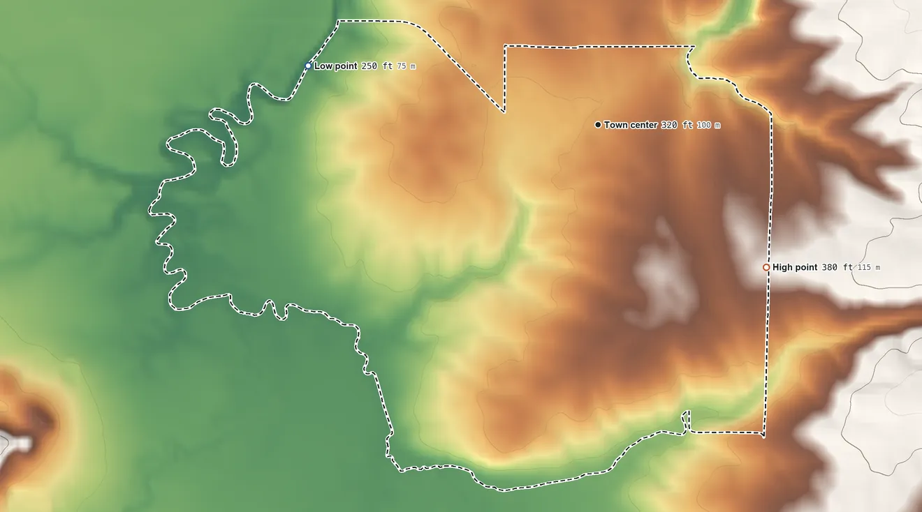 Topographic elevation map of Desha, Arkansas, shaded from 250 ft on the west side to 380 ft on the southeast side