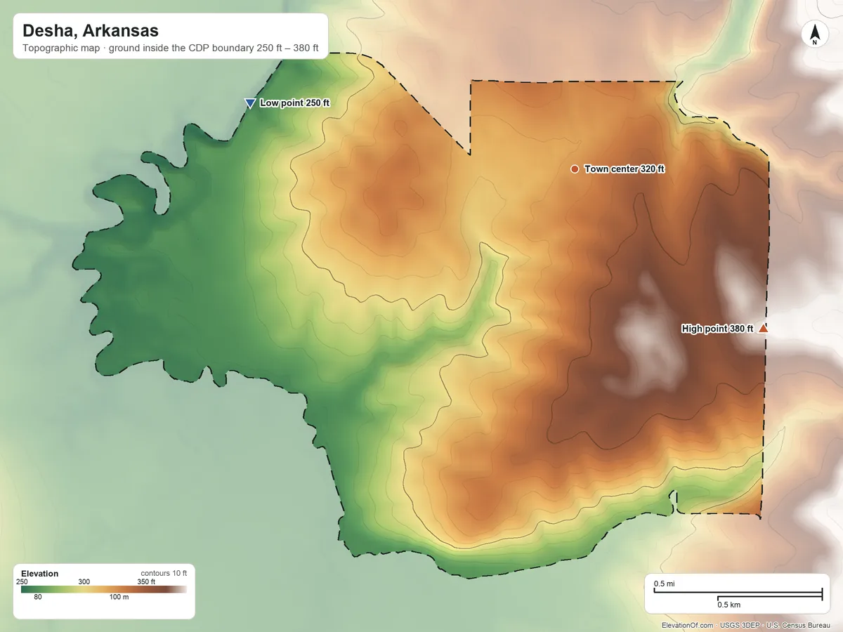 Topographic elevation map of Desha, Arkansas, shaded from 250 ft on the west side to 380 ft on the southeast side