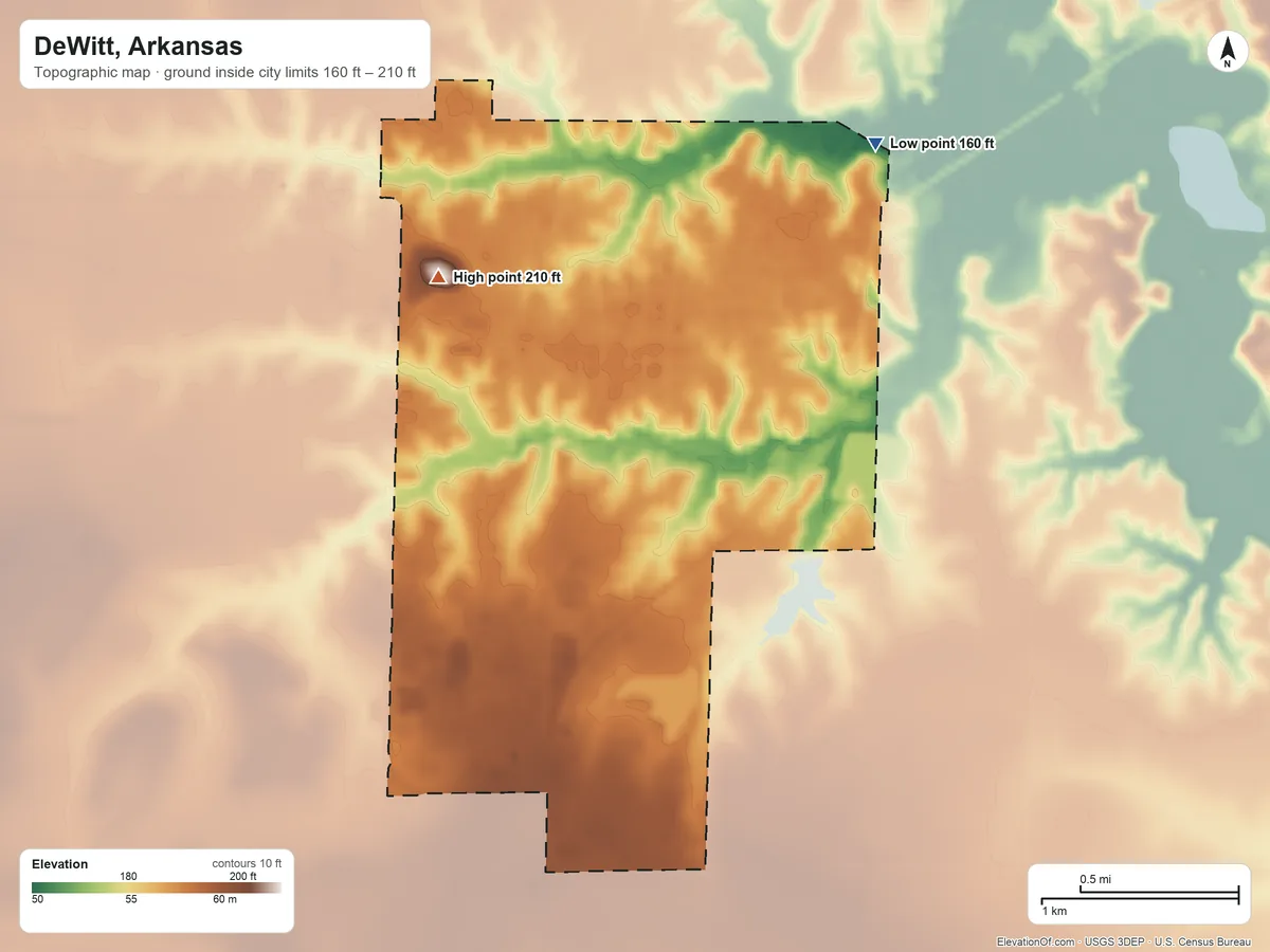 Topographic elevation map of DeWitt, Arkansas, shaded from 160 ft on the northeast side to 210 ft on the northwest side