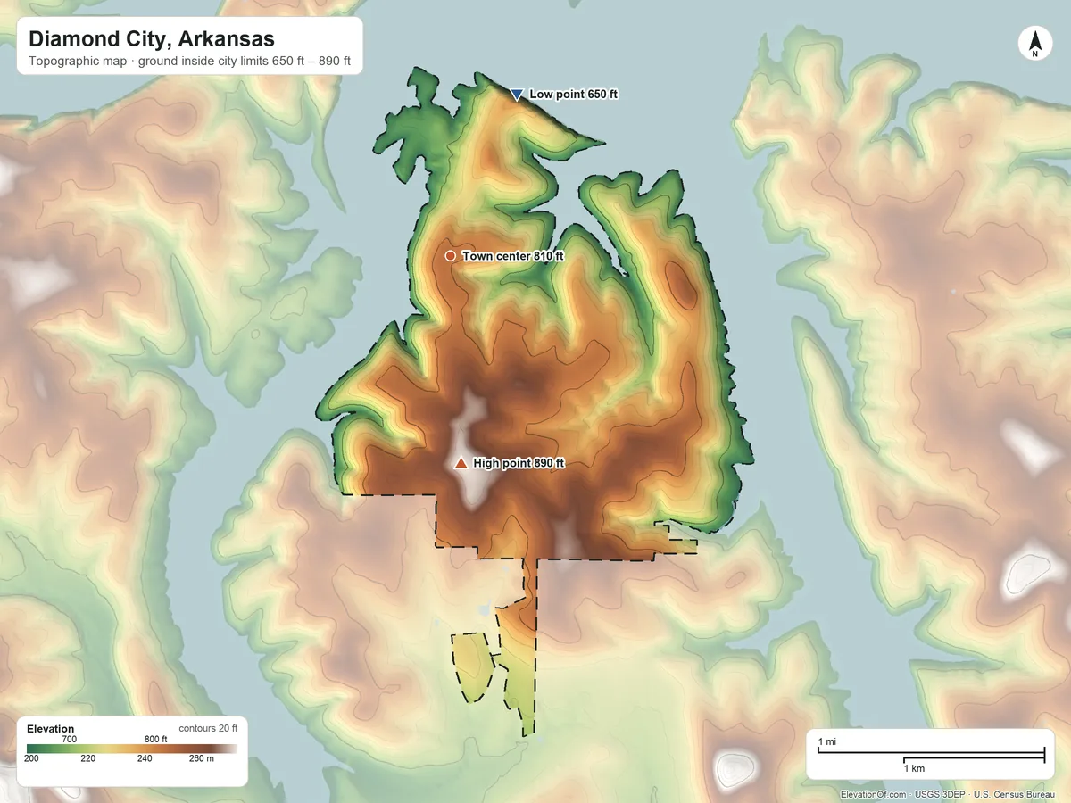 Topographic elevation map of Diamond City, Arkansas, shaded from 650 ft on the north side to 890 ft on the south side