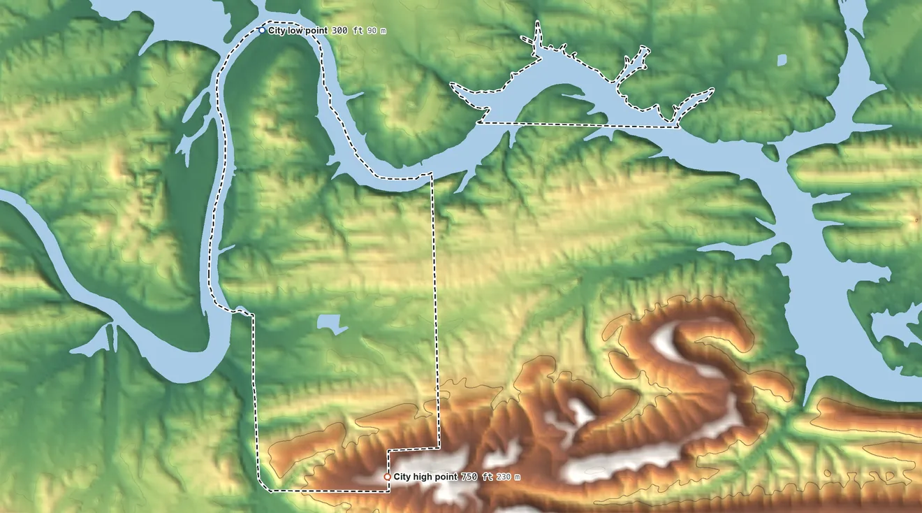 Topographic elevation map of Diamondhead, Arkansas, shaded from 300 ft on the north side to 750 ft on the south side