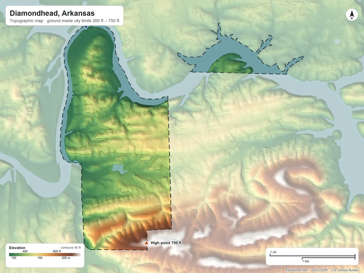 Topographic elevation map of Diamondhead, Arkansas, shaded from 300 ft on the north side to 750 ft on the south side