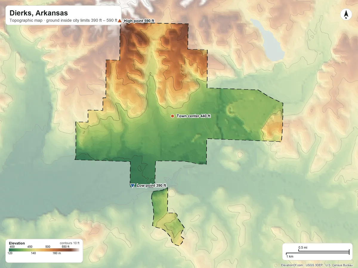 Topographic elevation map of Dierks, Arkansas, shaded from 390 ft on the southwest side to 590 ft on the northwest side