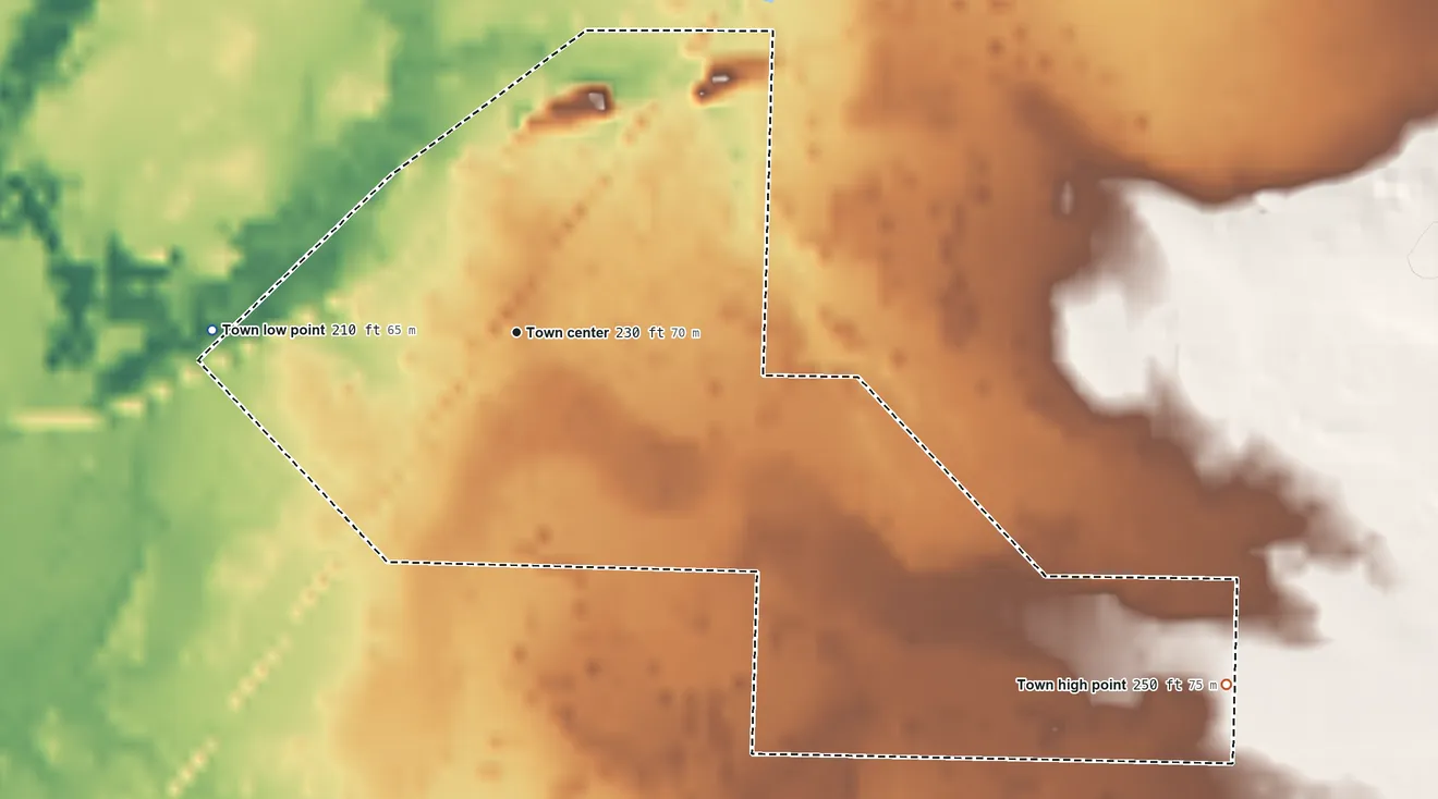 Topographic elevation map of Donaldson, Arkansas, shaded from 210 ft on the west side to 250 ft on the southeast side