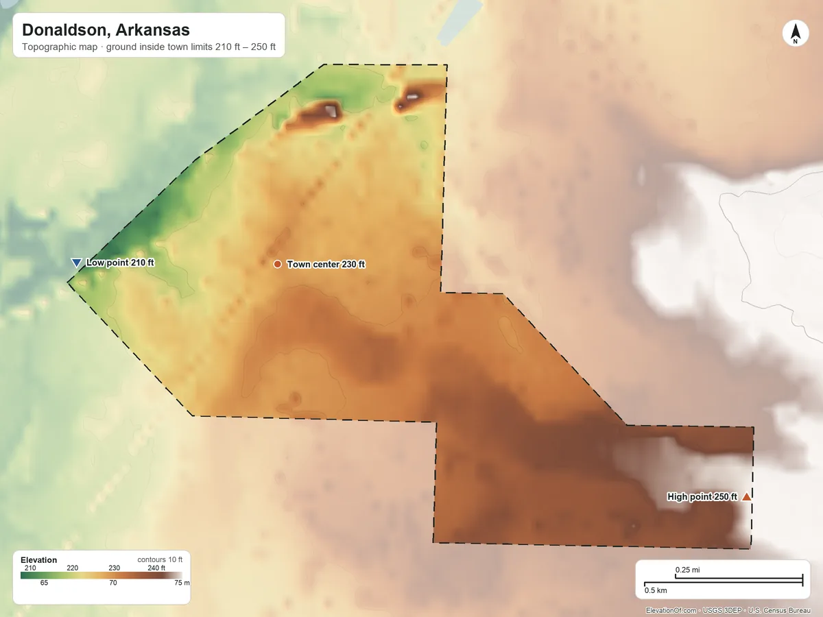 Topographic elevation map of Donaldson, Arkansas, shaded from 210 ft on the west side to 250 ft on the southeast side