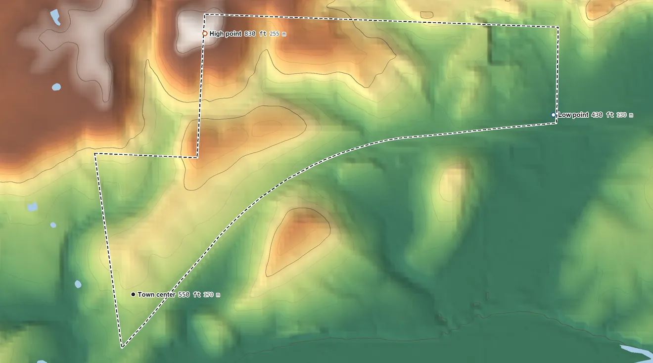 Topographic elevation map of Dora, Arkansas, shaded from 430 ft on the northeast side to 830 ft on the north side