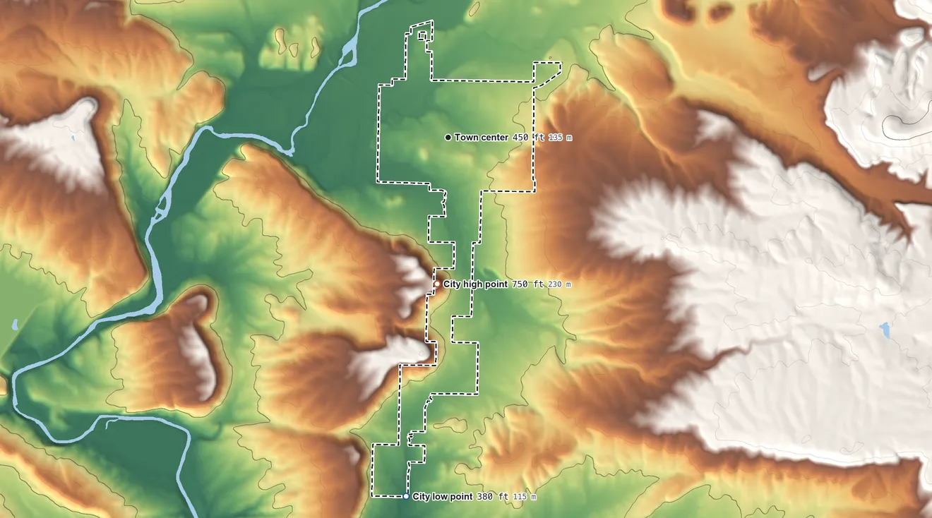 Topographic elevation map of Dover, Arkansas, shaded from 380 ft on the south side to 750 ft on the south side