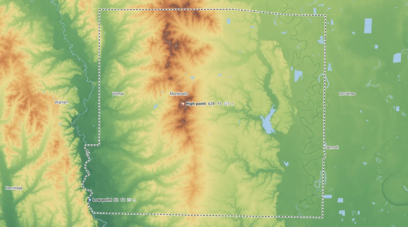 Topographic elevation map of Drew County, Arkansas, shaded from 82 ft on the southwest side to 420 ft near the middle