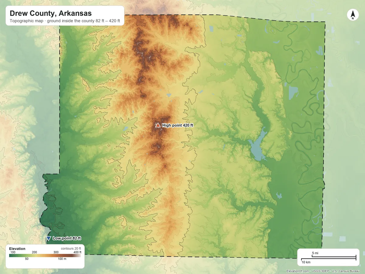 Topographic elevation map of Drew County, Arkansas, shaded from 82 ft on the southwest side to 420 ft near the middle