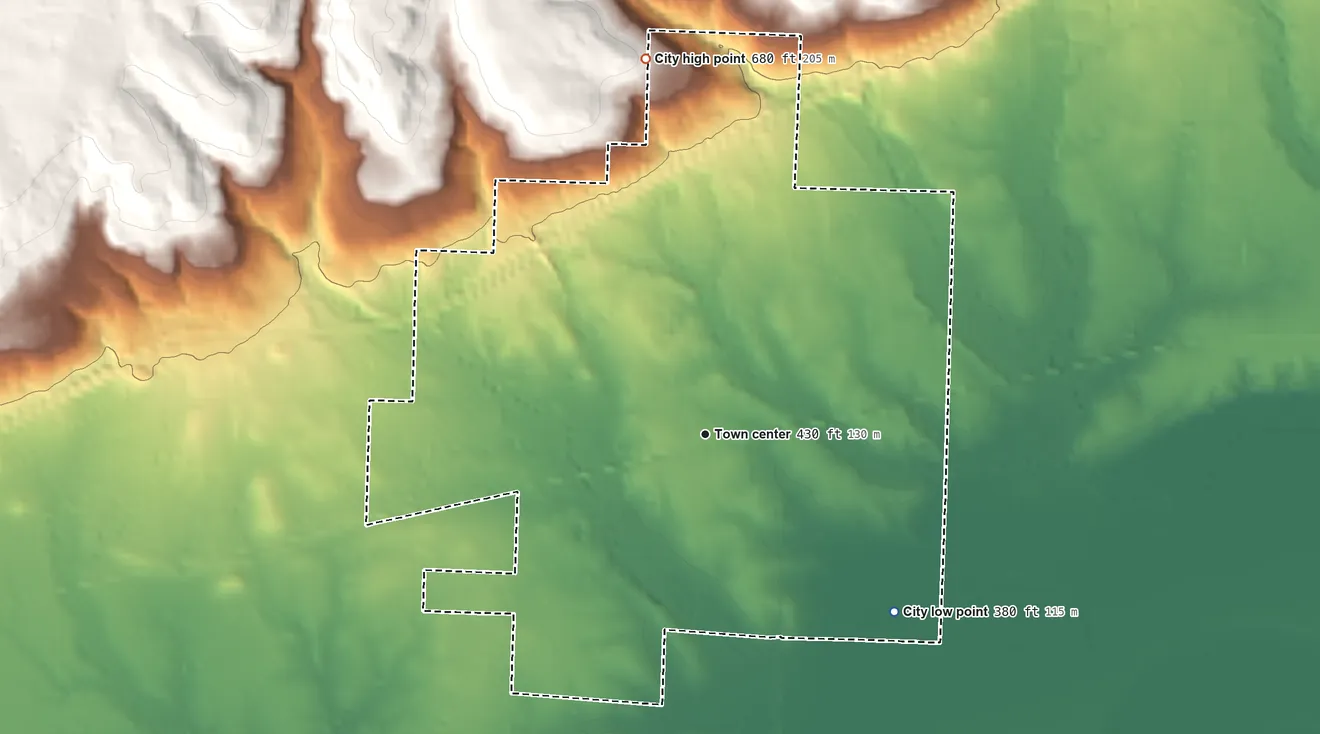 Topographic elevation map of Dyer, Arkansas, shaded from 380 ft on the southeast side to 680 ft on the north side