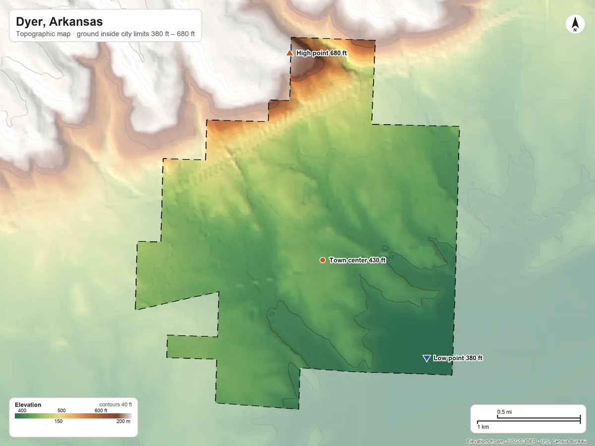 Topographic elevation map of Dyer, Arkansas, shaded from 380 ft on the southeast side to 680 ft on the north side