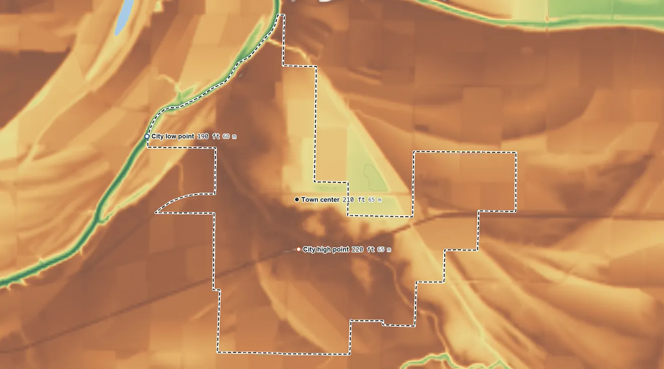 Topographic elevation map of Earle, Arkansas, shaded from 190 ft on the northwest side to 220 ft near the middle