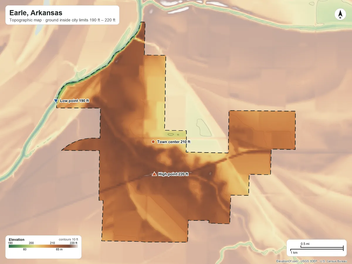 Topographic elevation map of Earle, Arkansas, shaded from 190 ft on the northwest side to 220 ft near the middle