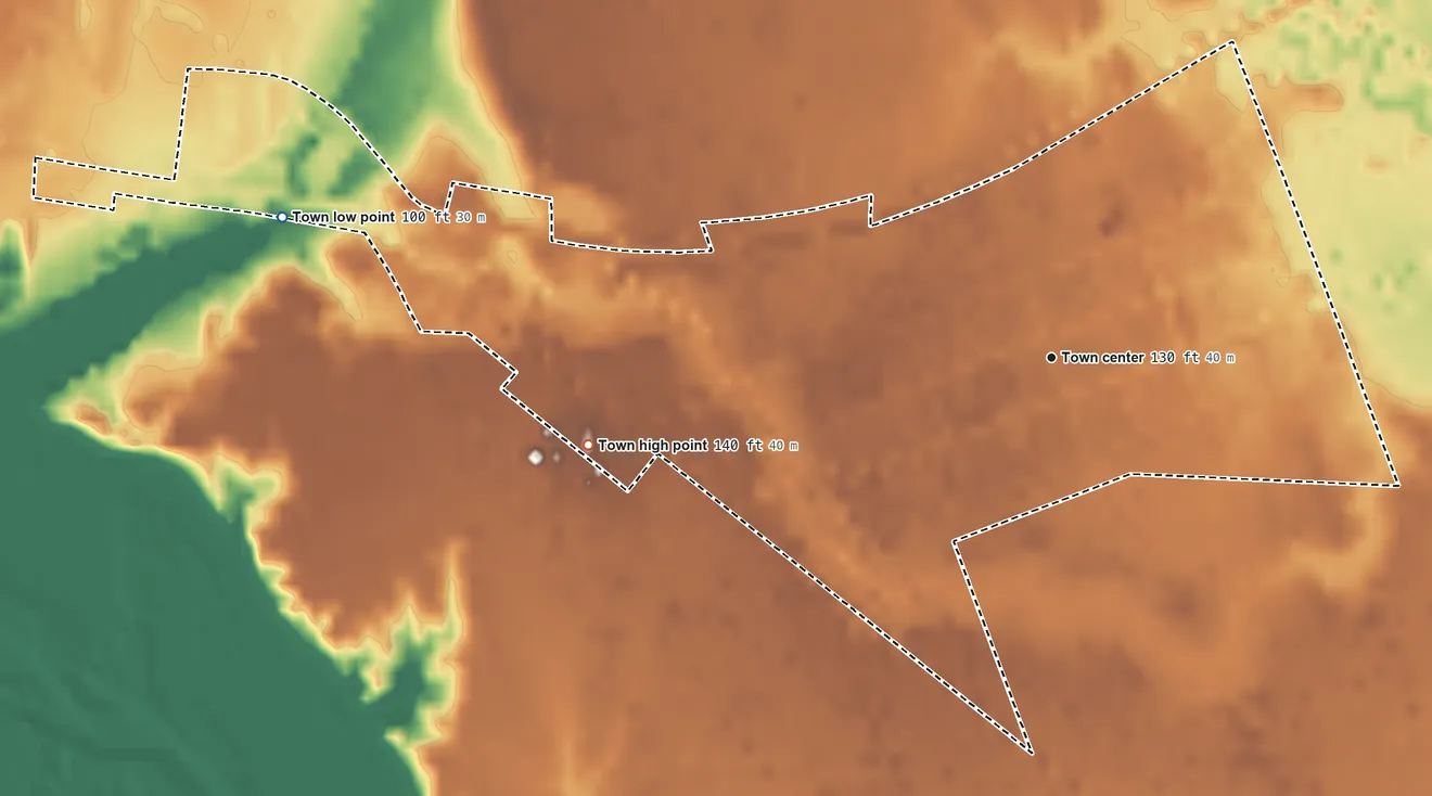 Topographic elevation map of East Camden, Arkansas, shaded from 100 ft on the west side to 140 ft on the west side
