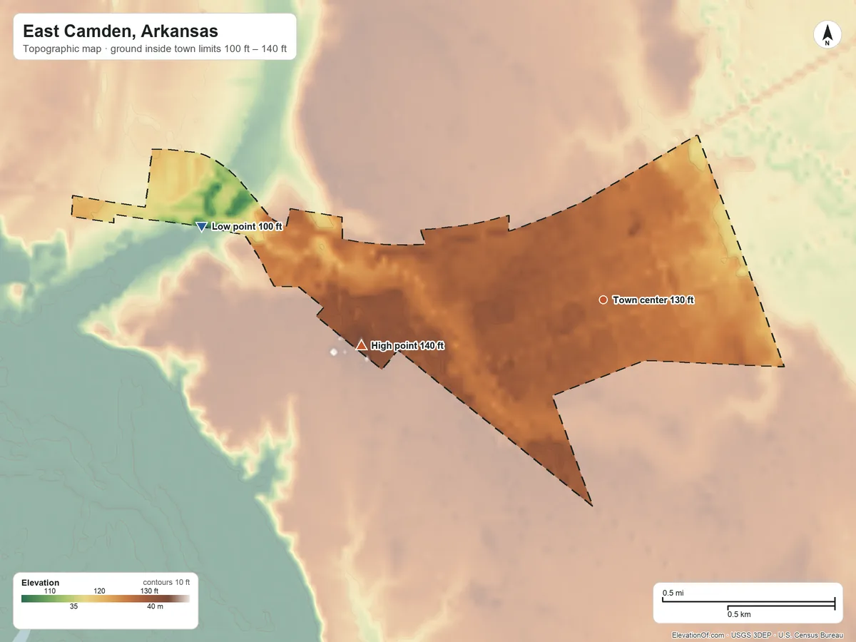 Topographic elevation map of East Camden, Arkansas, shaded from 100 ft on the west side to 140 ft on the west side