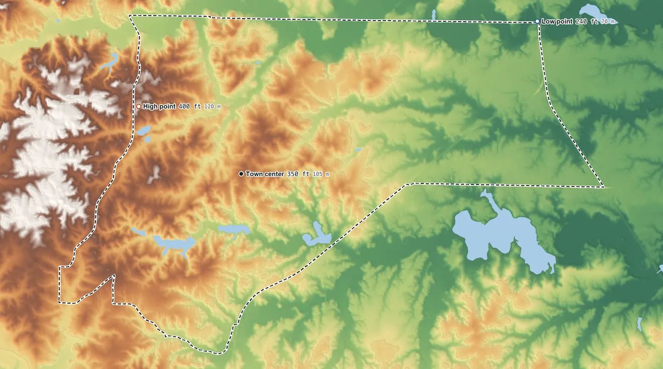 Topographic elevation map of East End, Arkansas, shaded from 240 ft on the northeast side to 400 ft on the northwest side