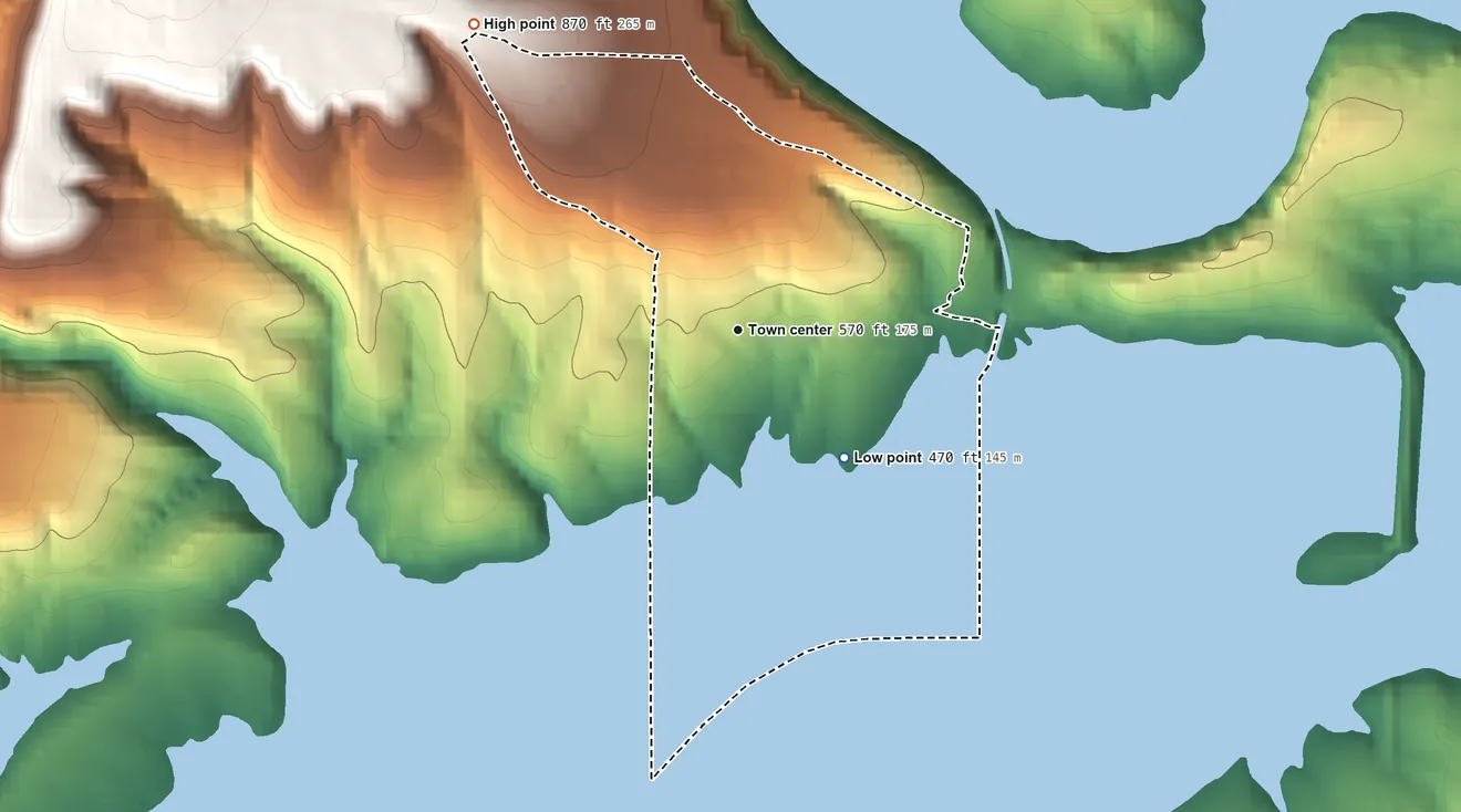 Topographic elevation map of Edgemont, Arkansas, shaded from 470 ft on the southeast side to 870 ft on the northwest edge, below higher ground just outside