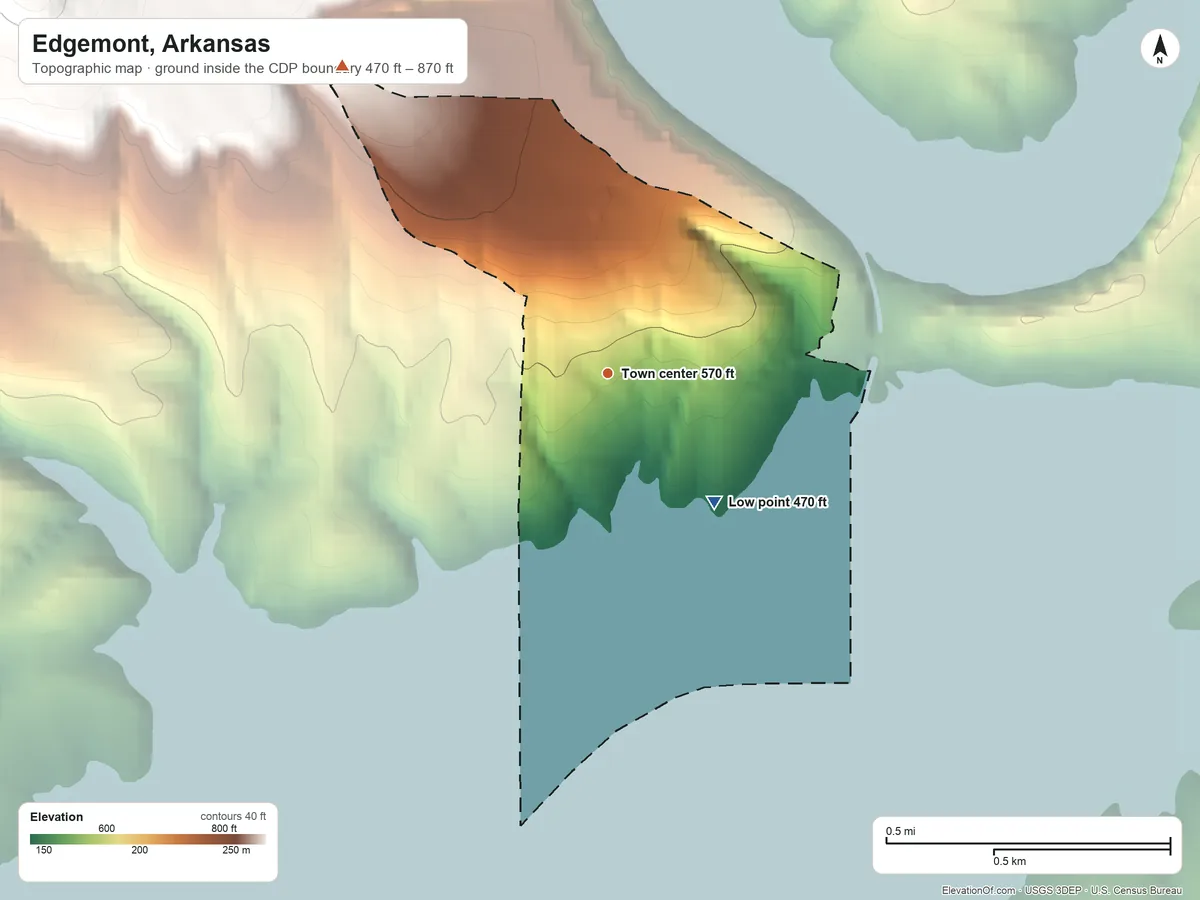 Topographic elevation map of Edgemont, Arkansas, shaded from 470 ft on the southeast side to 870 ft on the northwest edge, below higher ground just outside