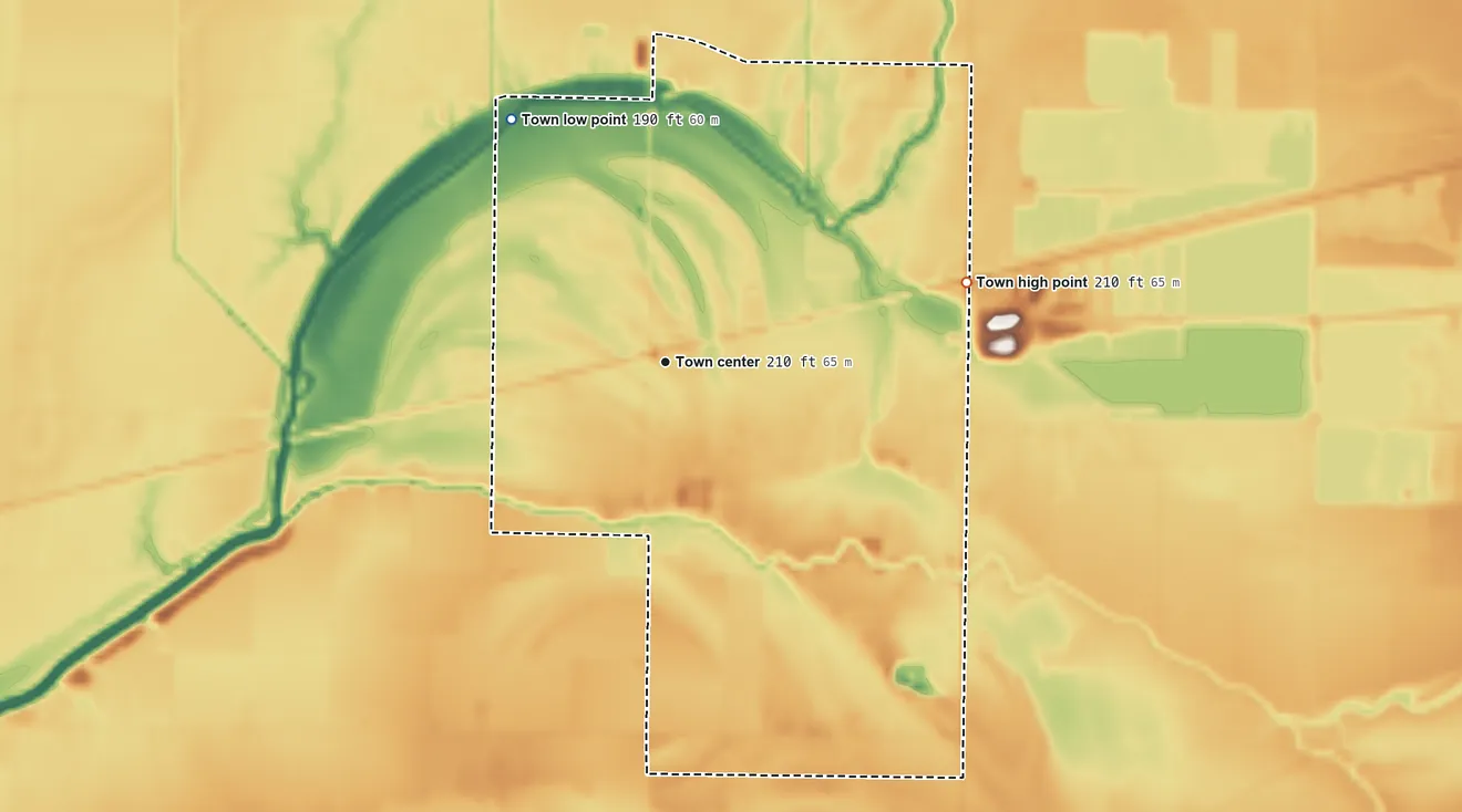 Topographic elevation map of Edmondson, Arkansas, shaded from 190 ft on the northwest side to 210 ft on the east side