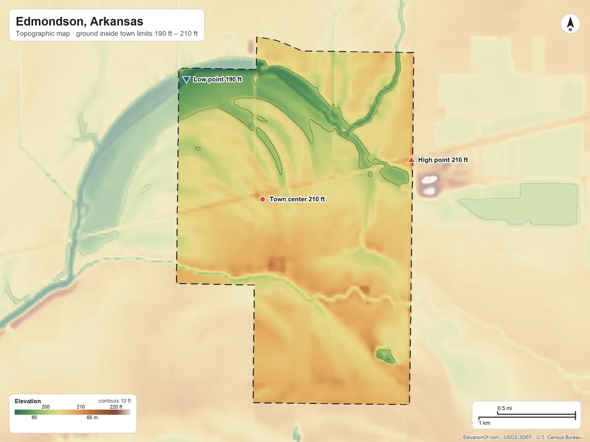 Topographic elevation map of Edmondson, Arkansas, shaded from 190 ft on the northwest side to 210 ft on the east side