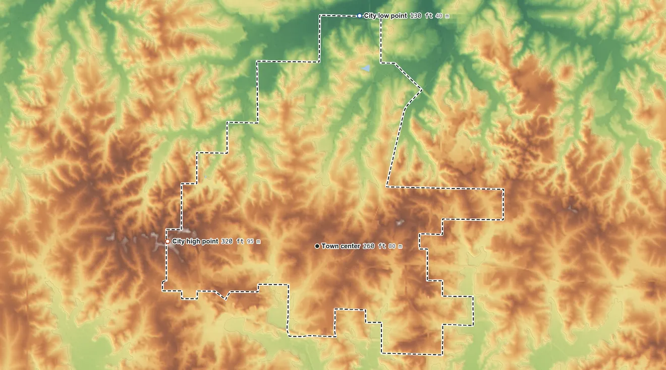 Topographic elevation map of El Dorado, Arkansas, shaded from 130 ft on the north side to 320 ft on the west side