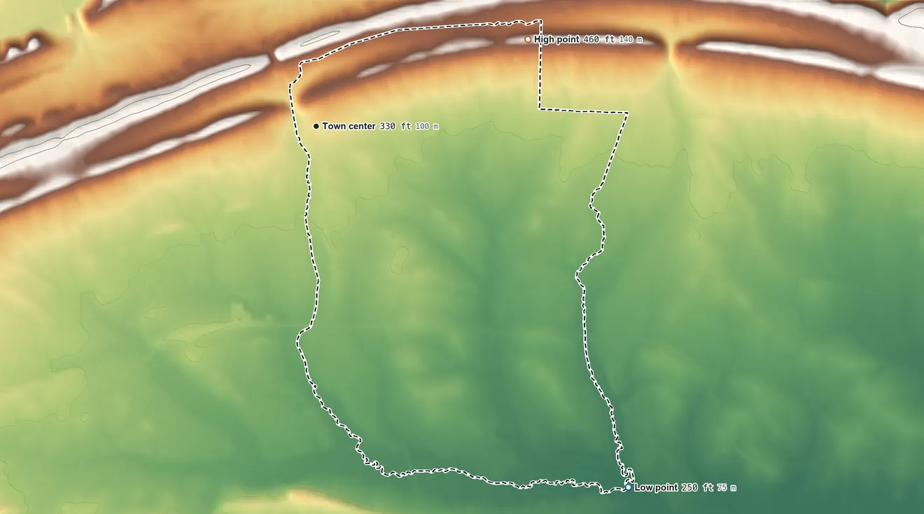 Topographic elevation map of El Paso, Arkansas, shaded from 250 ft on the southeast side to 460 ft on the east side